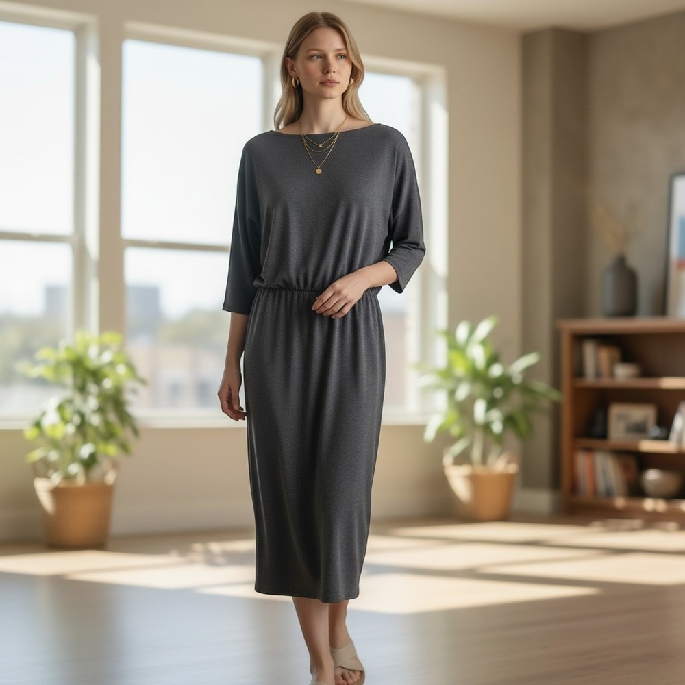 Anthropologie Boatneck Midi Dress Womens Small Grey Elastic Waist Casual 3190